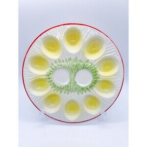 Vintage Ceramic ?Enesco Easter deviled eggs platter round, green/yellow/red  9”